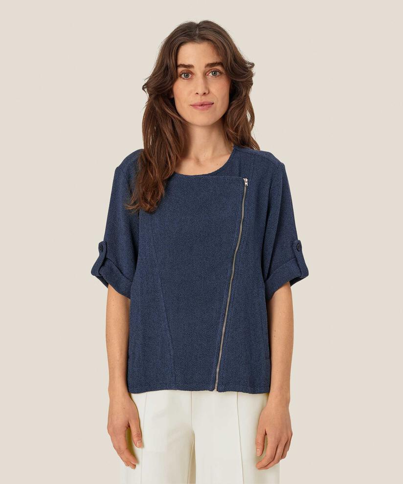 kurzärmlige Bouclé-Jacke mit asymmetrischem Reißverschluss, Mood Indigo
