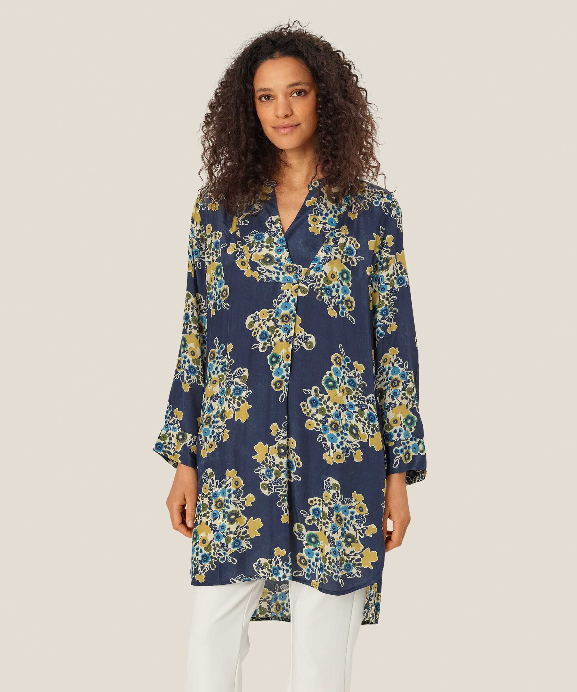 Geblümte Viskose-Tunika mit V-Ausschnitt, Mood Indigo