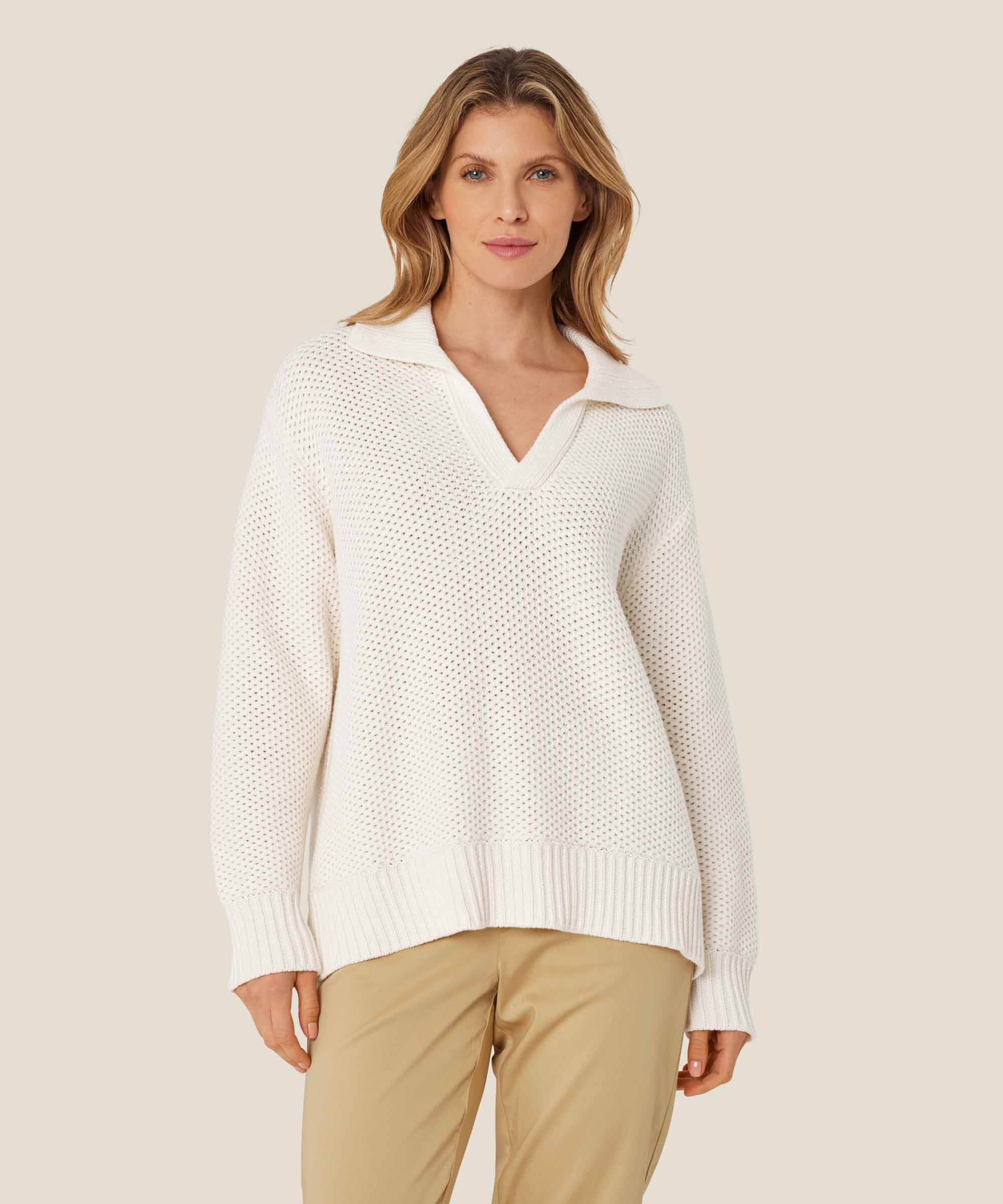 Top aus gestrickter Baumwolle mit V-Ausschnitt, Jet Stream