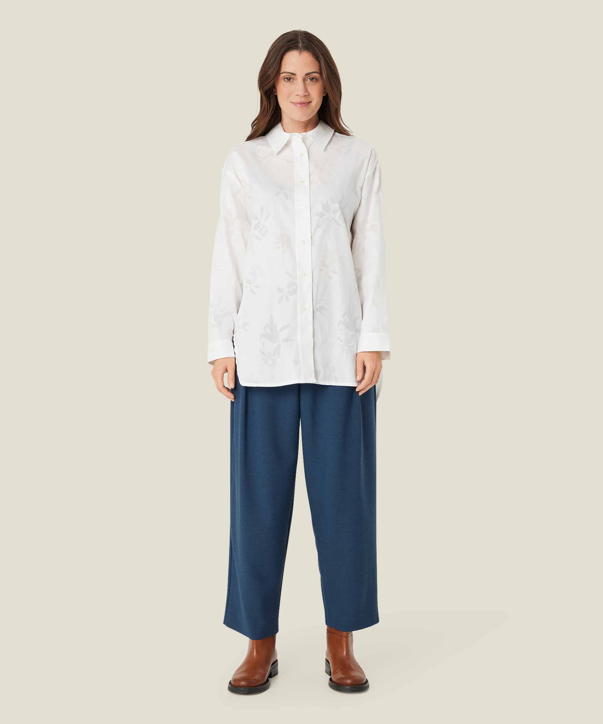 Baumwollhemd mit gewebtem Blumendruck, White