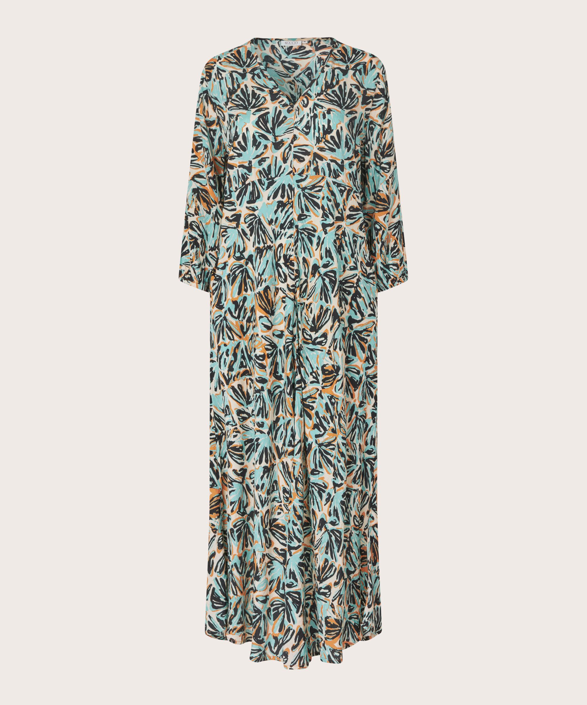 Viskosekleid mit 3/4 Ärmeln und V-Ausschnitt, Aqua