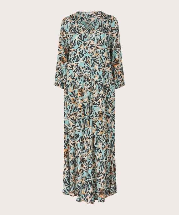 Viskosekleid mit 3/4 Ärmeln und V-Ausschnitt, Aqua