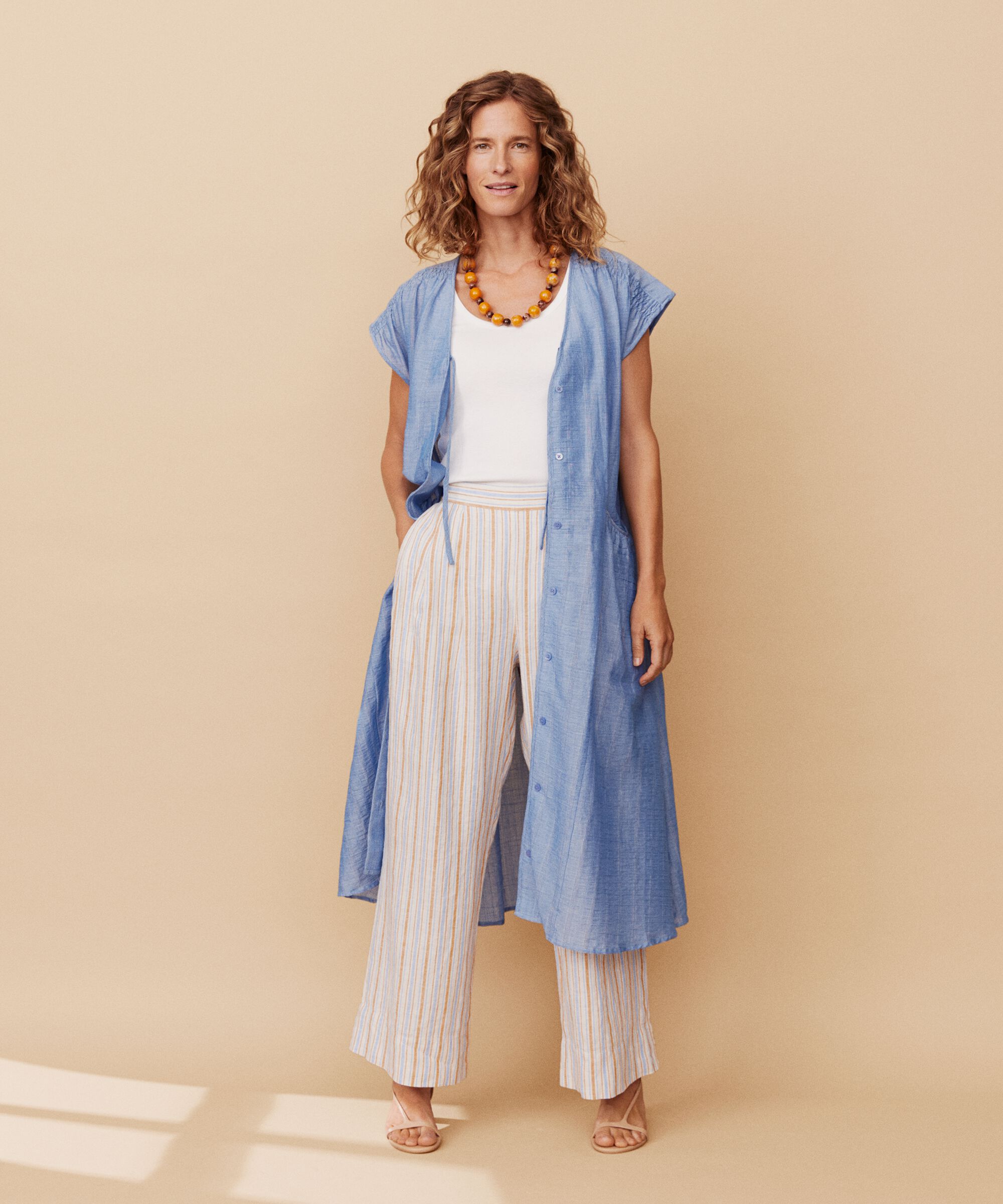 gestreifte Leinenhose mit Eingrifftaschen und Gummizug hinten, Inca Gold