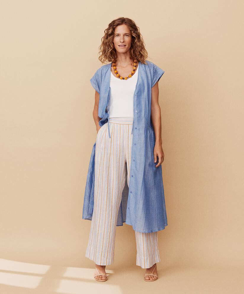 gestreifte Leinenhose mit Eingrifftaschen und Gummizug hinten, Inca Gold