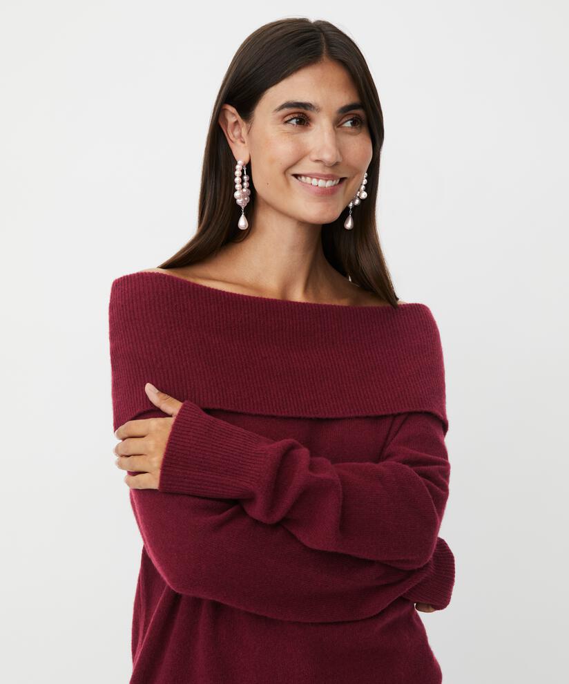 schulterfreier Strickpullover mit gerippten Kanten, Tawny Port