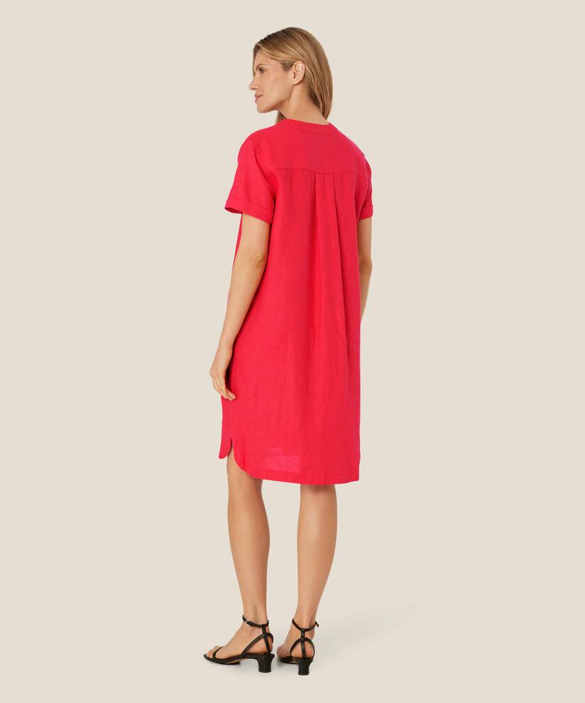 Leinenkleid mit V-Ausschnitt und Eingrifftaschen, Hibiscus