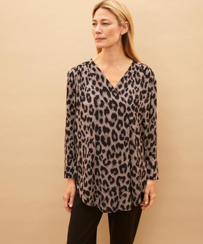 Gemusterte Viskose-Tunika mit Wickeleffekt, Steel Grey