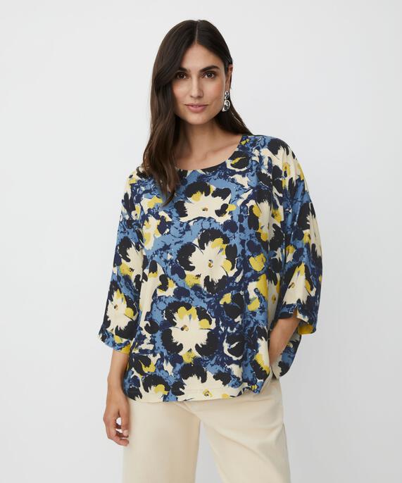 Bedruckte Bluse Mit 3/4-ärmeln Und Rundhals, Proven Blue