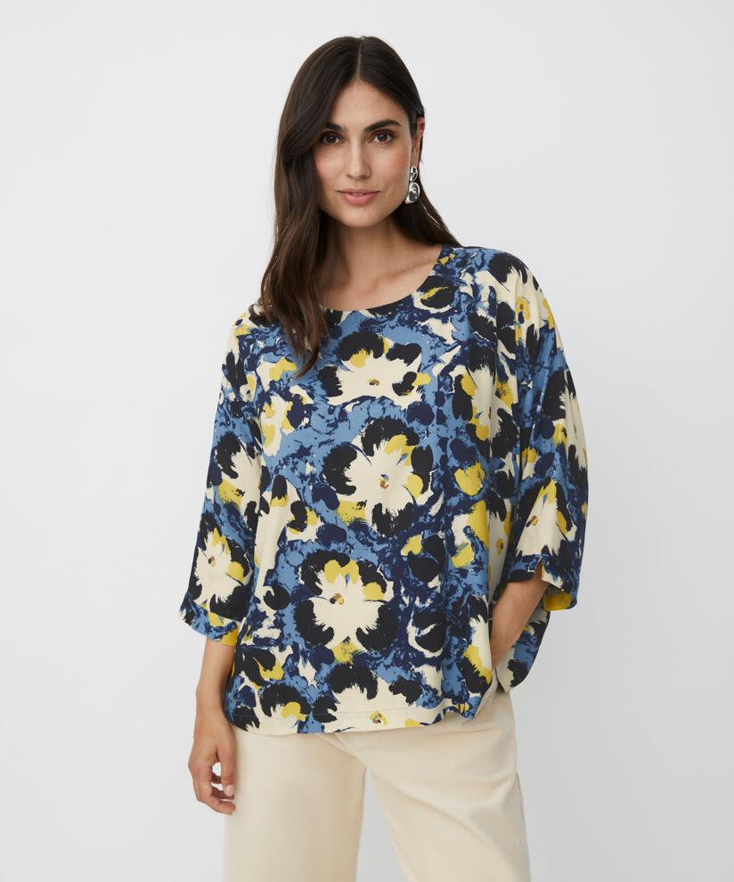 Bedruckte Bluse Mit 3/4-ärmeln Und Rundhals, Proven Blue
