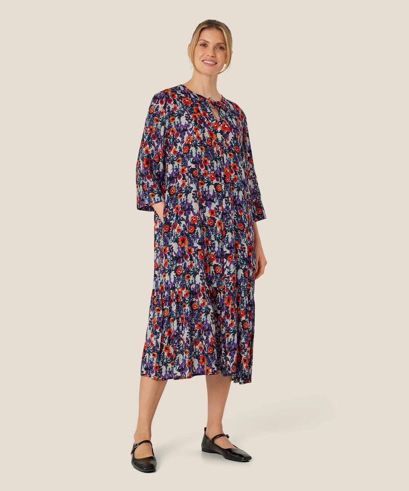 Geblümtes Viskosekleid mit Bindebändern und Eingrifftaschen, Meadow Violet