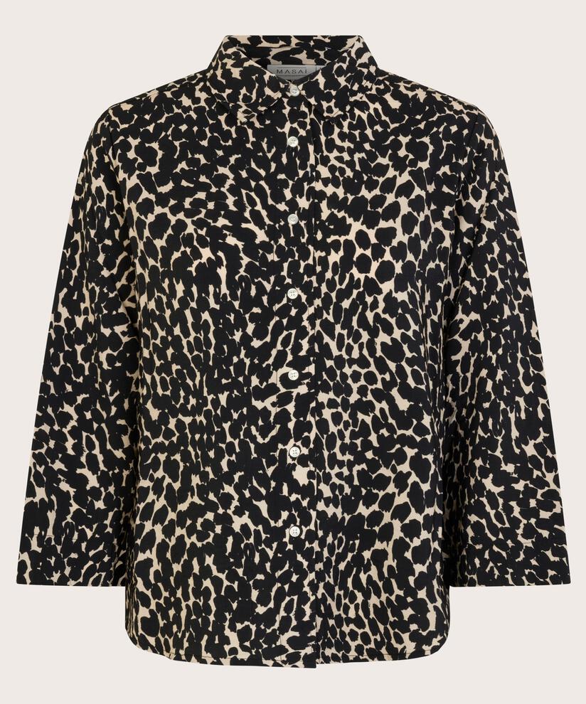 Baumwollhemdbluse mit Leopardenmuster und Dreiviertelärmeln, Black