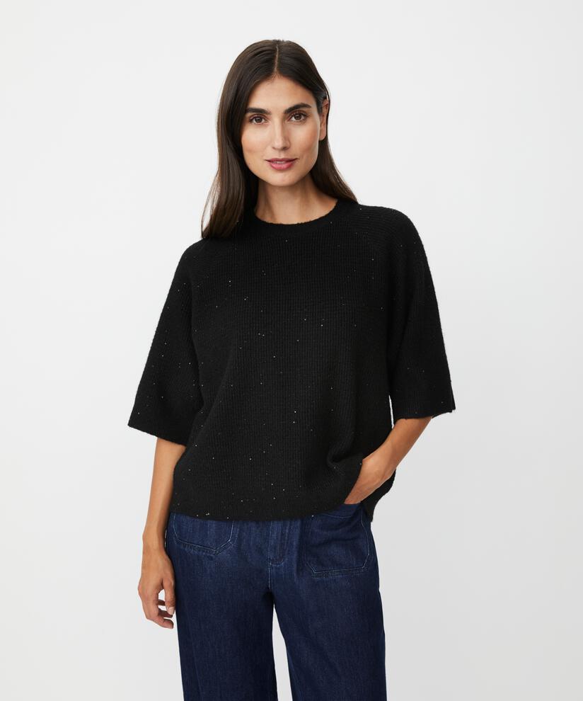 Kurzarmpullover aus Wollmischung mit Pailletten, Black