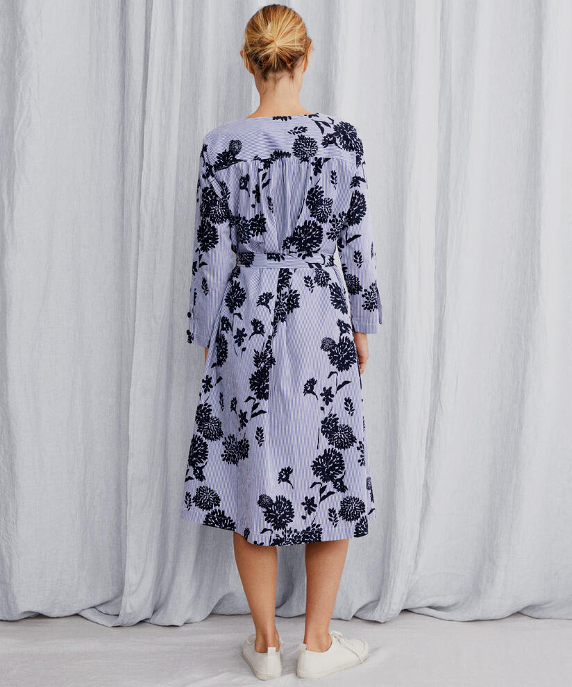 Baumwollkleid mit V-Ausschnitt und abnehmbarem Gürtel, Maritime Blue