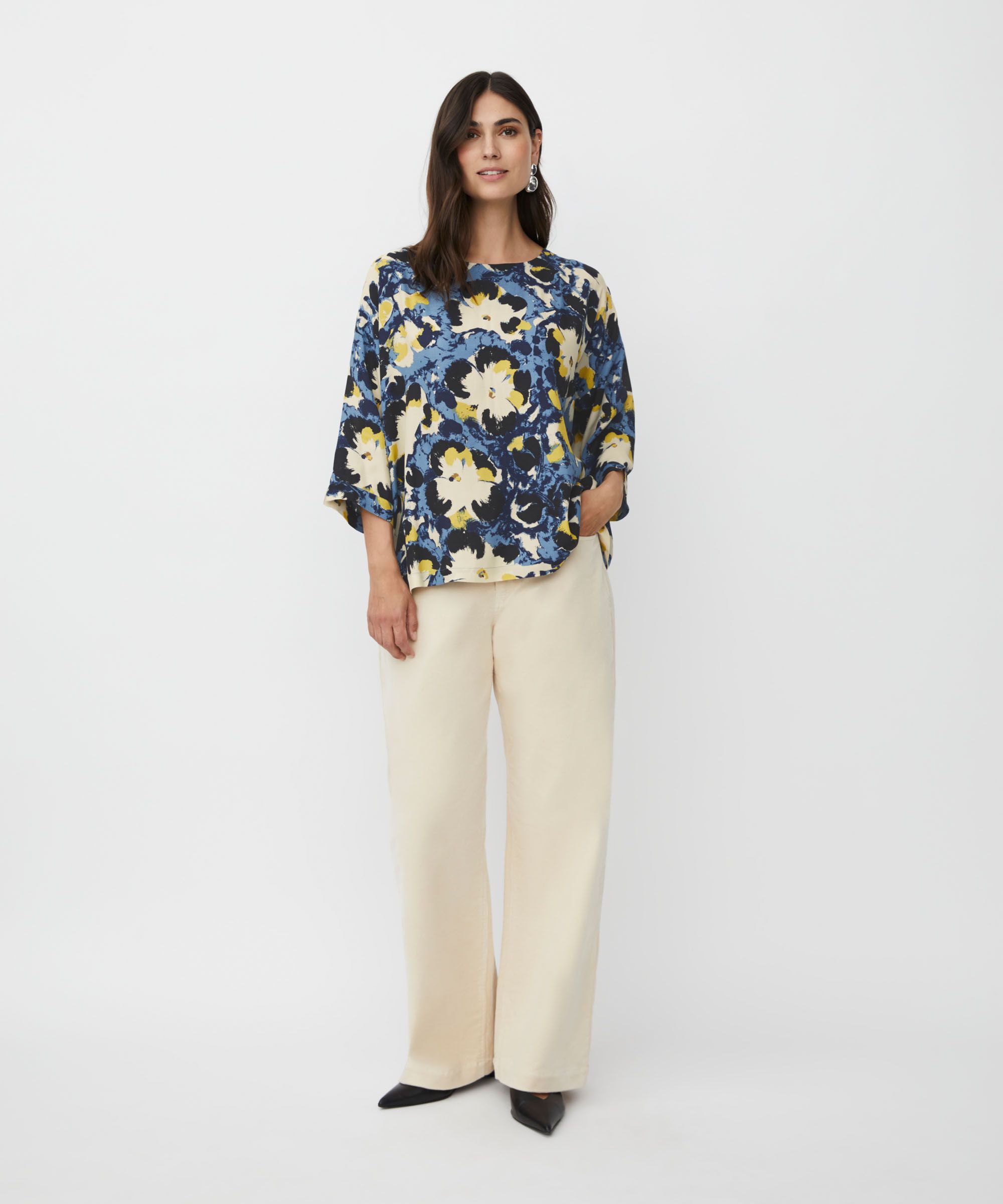 Bedruckte Bluse Mit 3/4-ärmeln Und Rundhals, Proven Blue