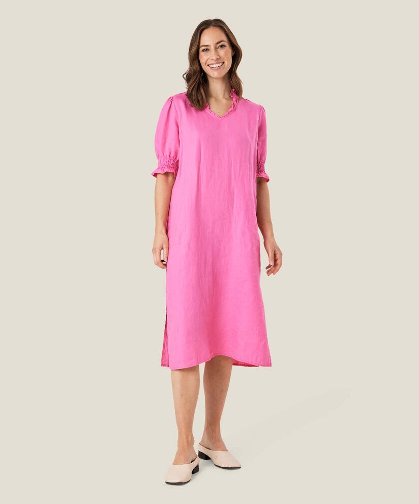 kurzärmliges Leinenkleid mit gerüschtem Ausschnitt, Azalea Pink