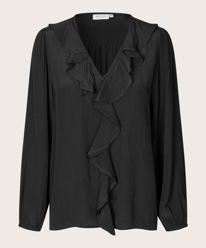 Viskosebluse mit V-Ausschnitt und Rüschen, Black