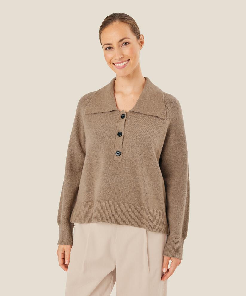 Strickpullover mit Kragen und Knöpfen, Mink melange