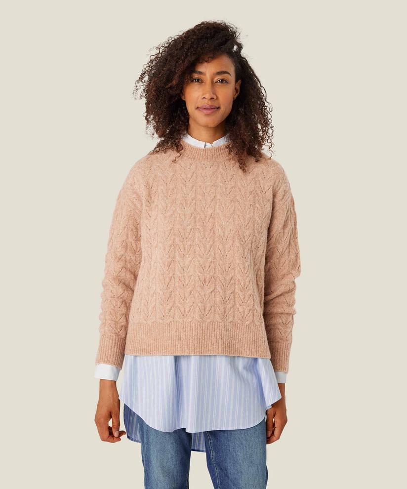 Strickpullover mit Lochmuster aus Wollmischung, L beige mel