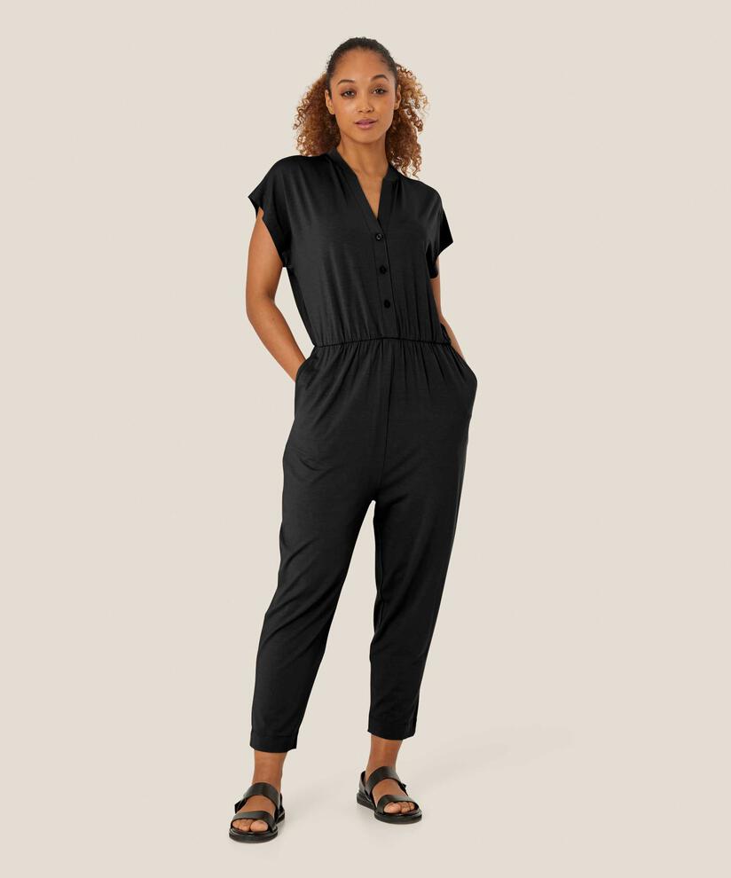 Jersey-Jumpsuit mit V-Ausschnitt und Knöpfen, Black