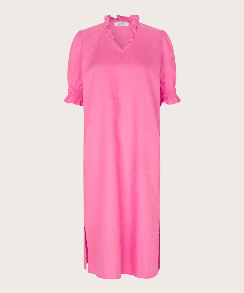 kurzärmliges Leinenkleid mit gerüschtem Ausschnitt, Azalea Pink