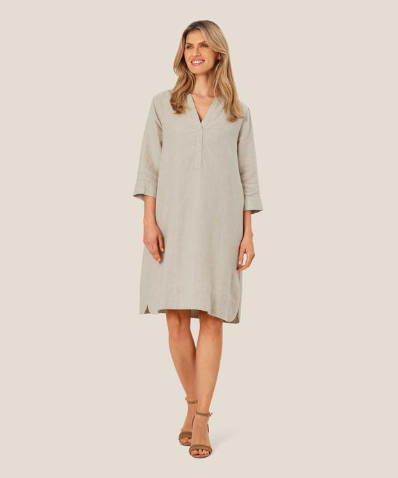 Leinenkleid mit V-Ausschnitt und Eingrifftaschen, Natural