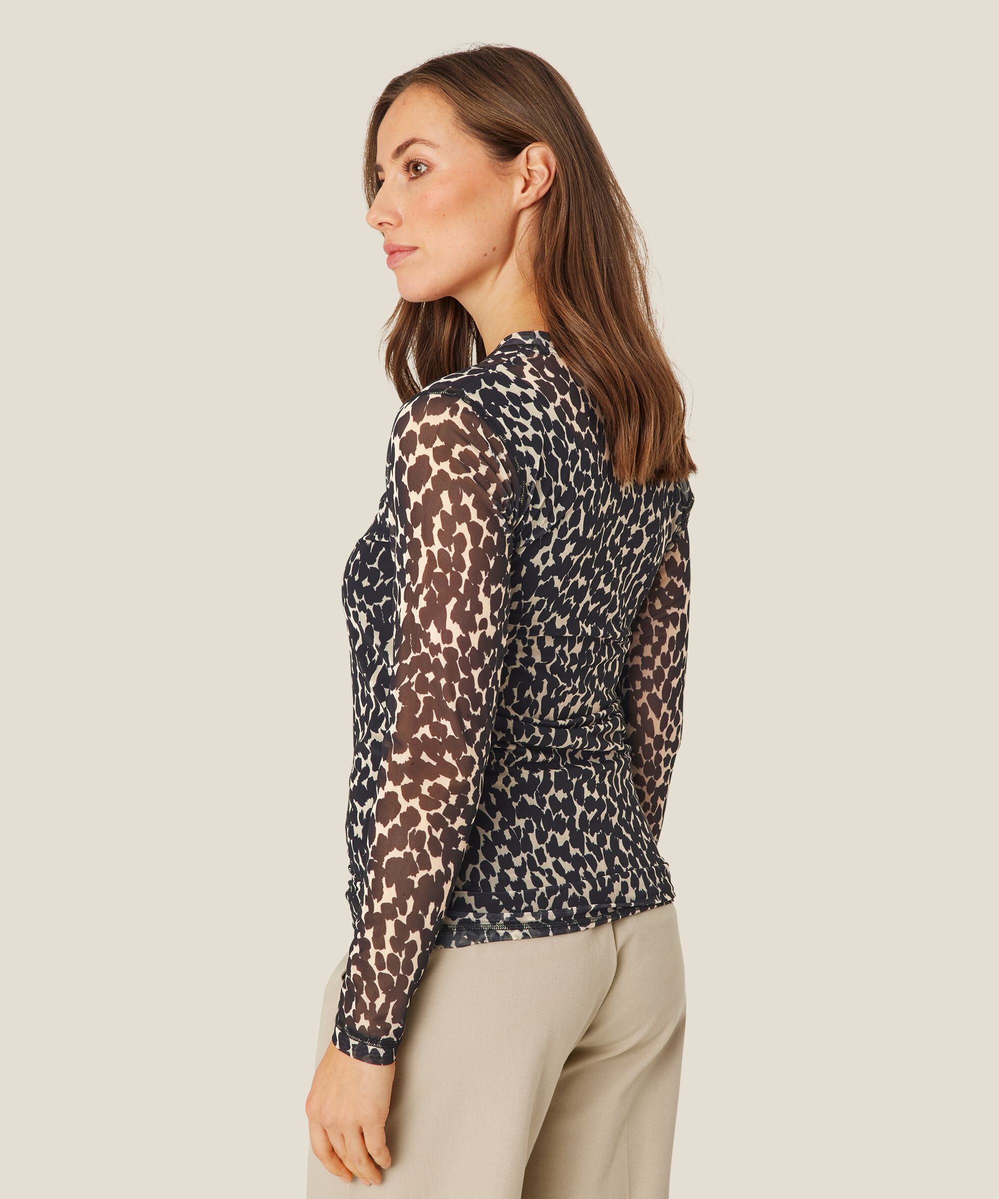 Bedruckte Netzbluse mit langen Ärmeln, Black