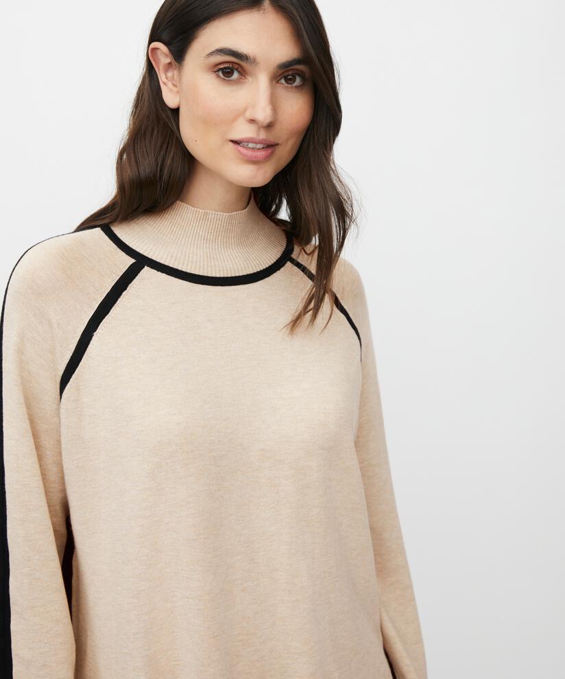 hochgeschlossener Strickpullover mit Kontrastdetails, L beige mel