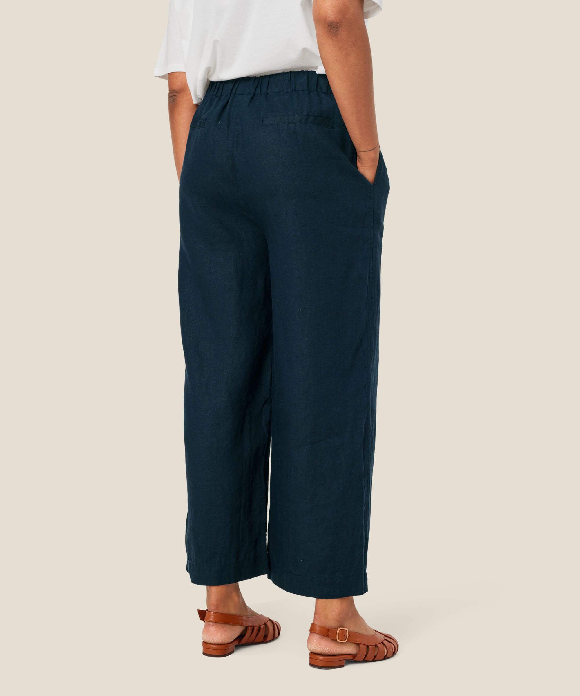 Weite Leinenhose mit elastischem Bund, Navy