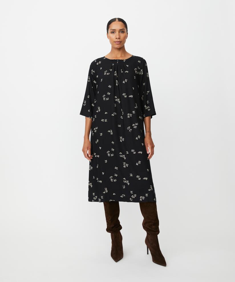 Viskosekleid mit Blumenprint und Falten am Hals, Black
