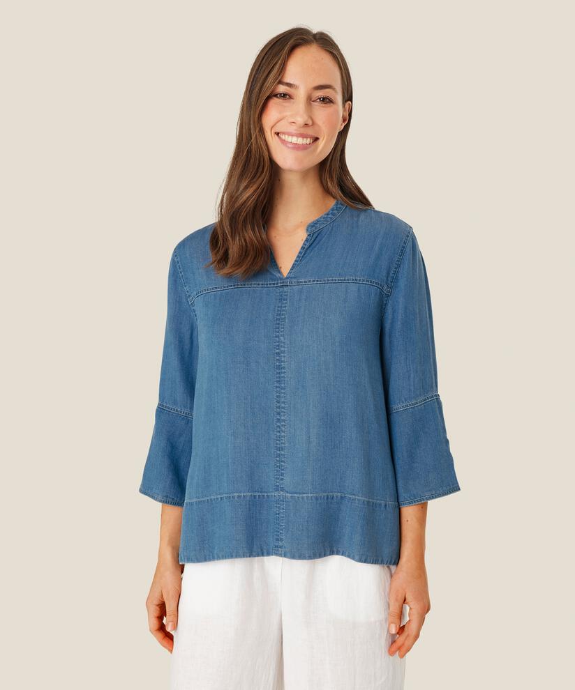 Denim-Bluse mit 3/4-Ärmeln und Ziernähten, Light Denim