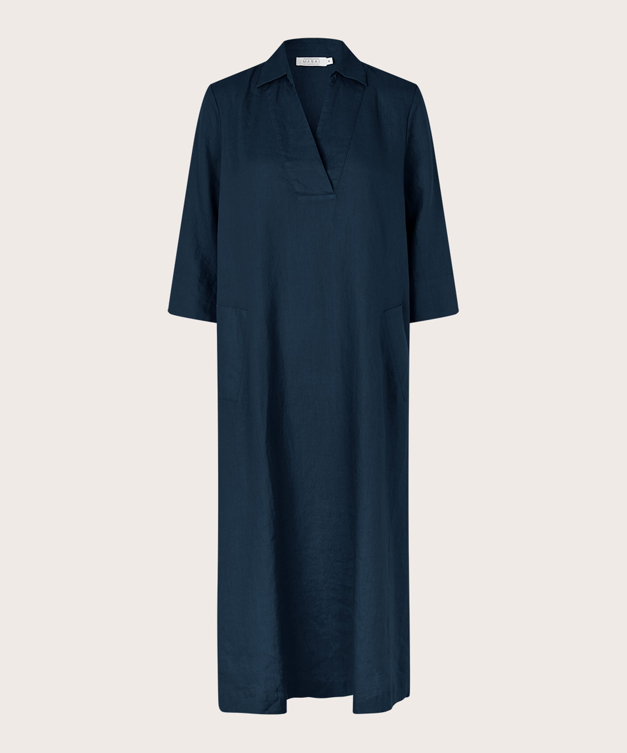 Leinenkleid mit V-Ausschnitt und Taschen, Navy