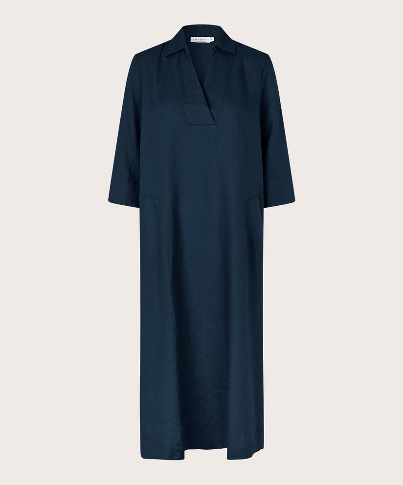 Leinenkleid mit V-Ausschnitt und Taschen, Navy