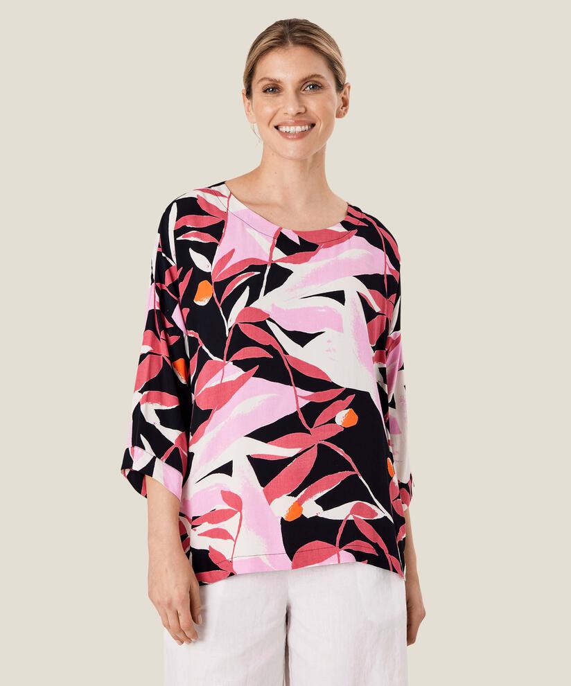 Rundhals Bluse mit 3/4 ärmeln, Begonia Pink