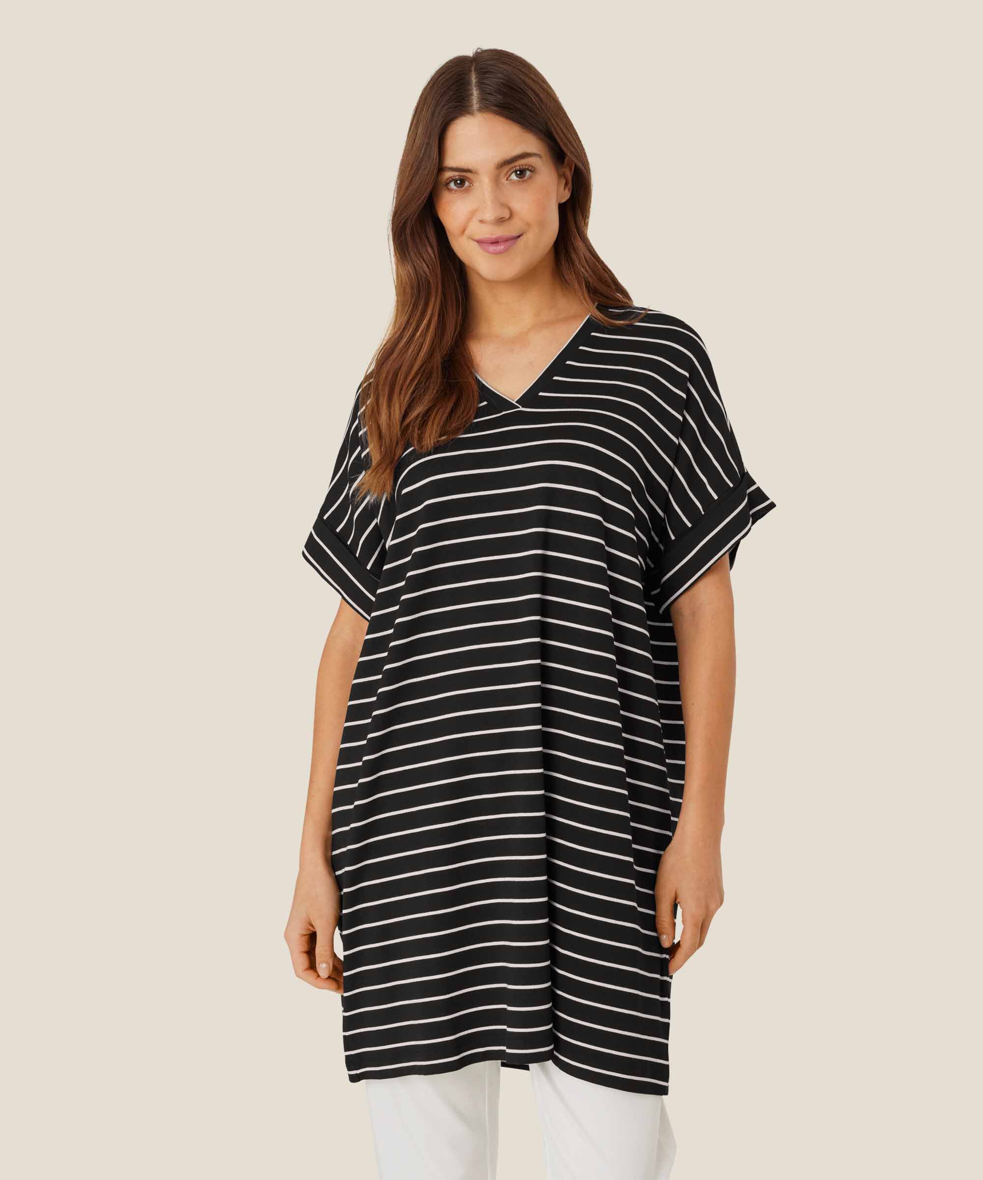 Gestreifte Jersey-Tunika mit V-Ausschnitt, Black
