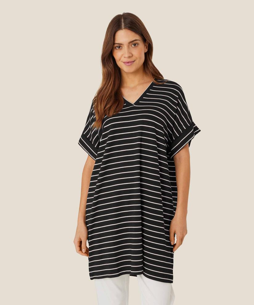 Gestreifte Jersey-Tunika mit V-Ausschnitt, Black