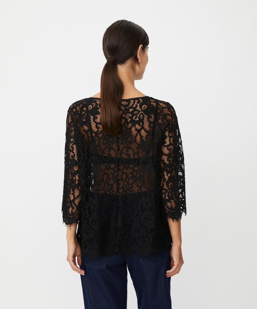 transparente Spitzenbluse mit Fransen, Black