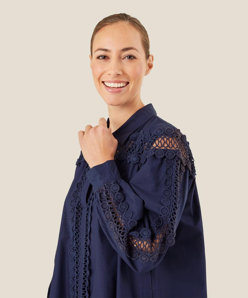 Baumwolltunika mit Spitzendetails und Eingrifftaschen, Maritime Blue