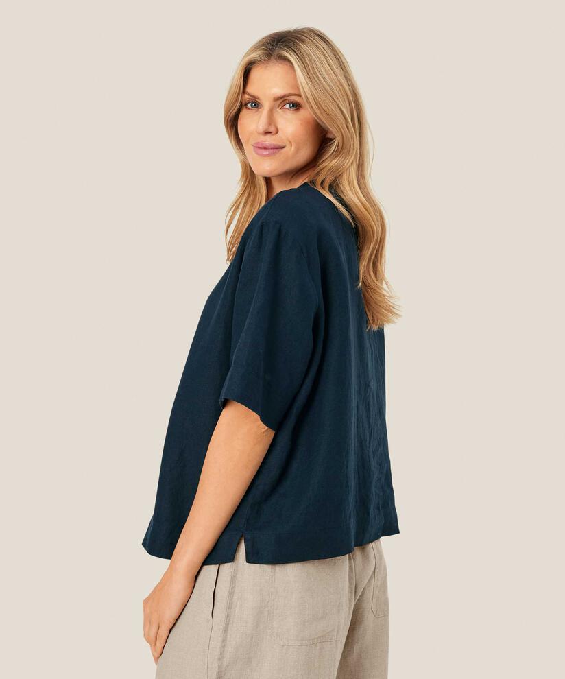 Bluse aus Leinen mit Vordertasche, Navy