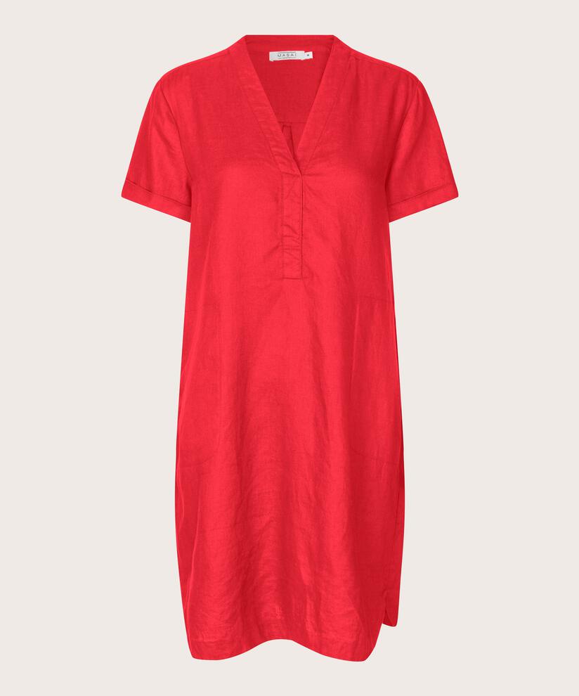 Leinenkleid mit V-Ausschnitt und Eingrifftaschen, Hibiscus