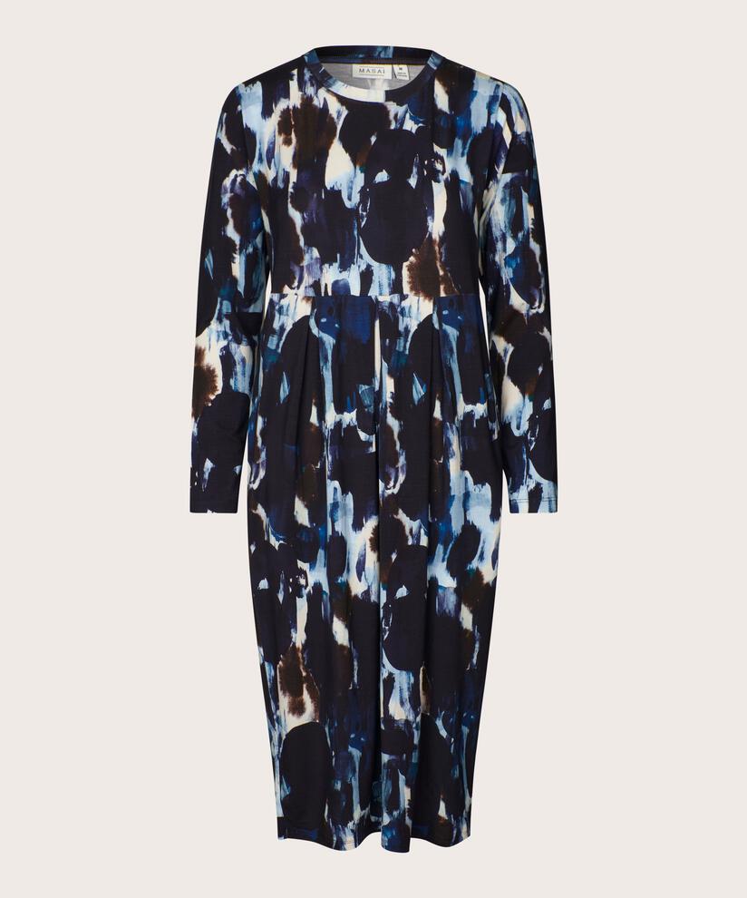 gemustertes Tulpenkleid mit langen Ärmeln, Maritime Blue