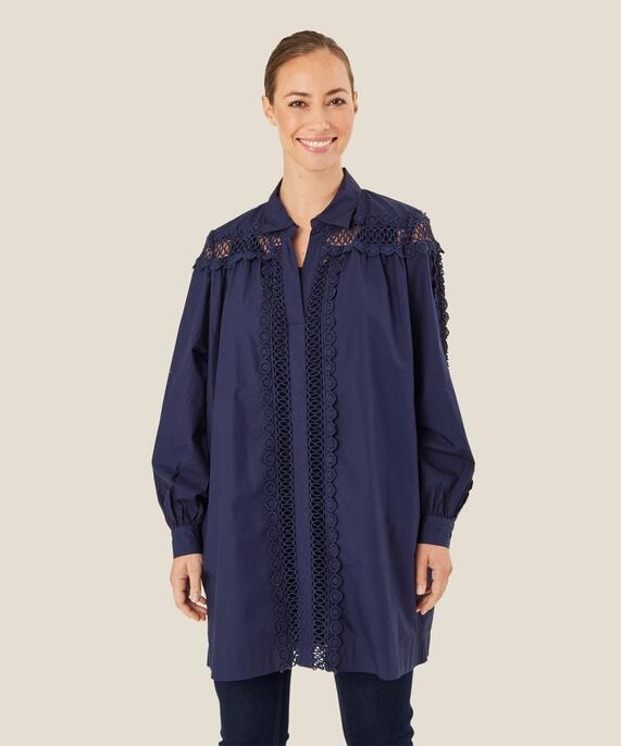 Baumwolltunika mit Spitzendetails und Eingrifftaschen, Maritime Blue