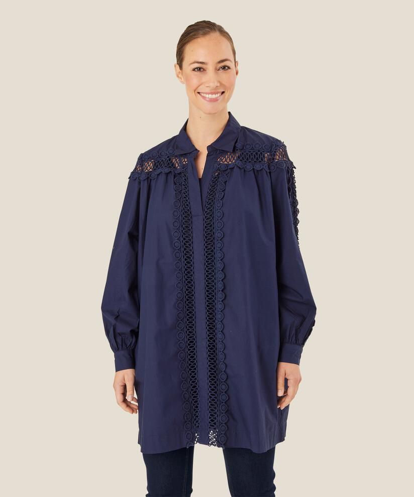 Baumwolltunika mit Spitzendetails und Eingrifftaschen, Maritime Blue