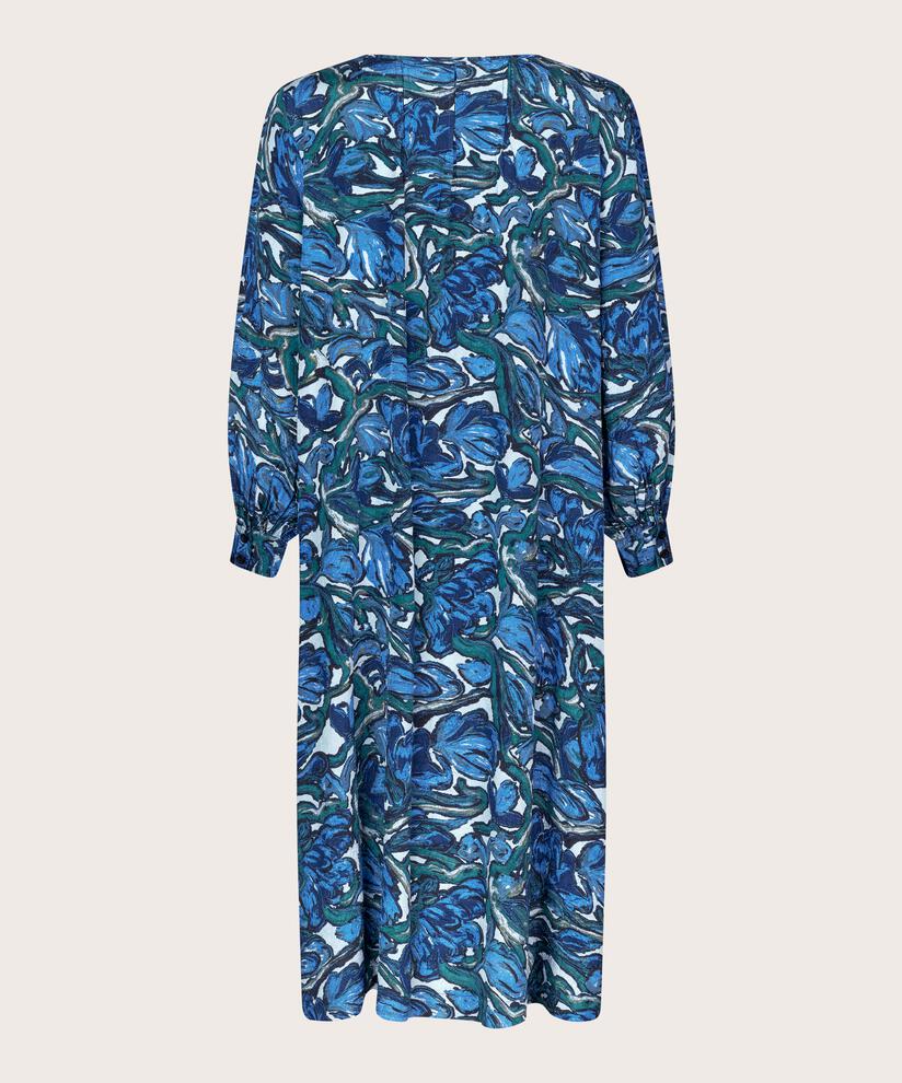 Bedrucktes Viskosekleid mit langen Ärmeln, Blue Fog