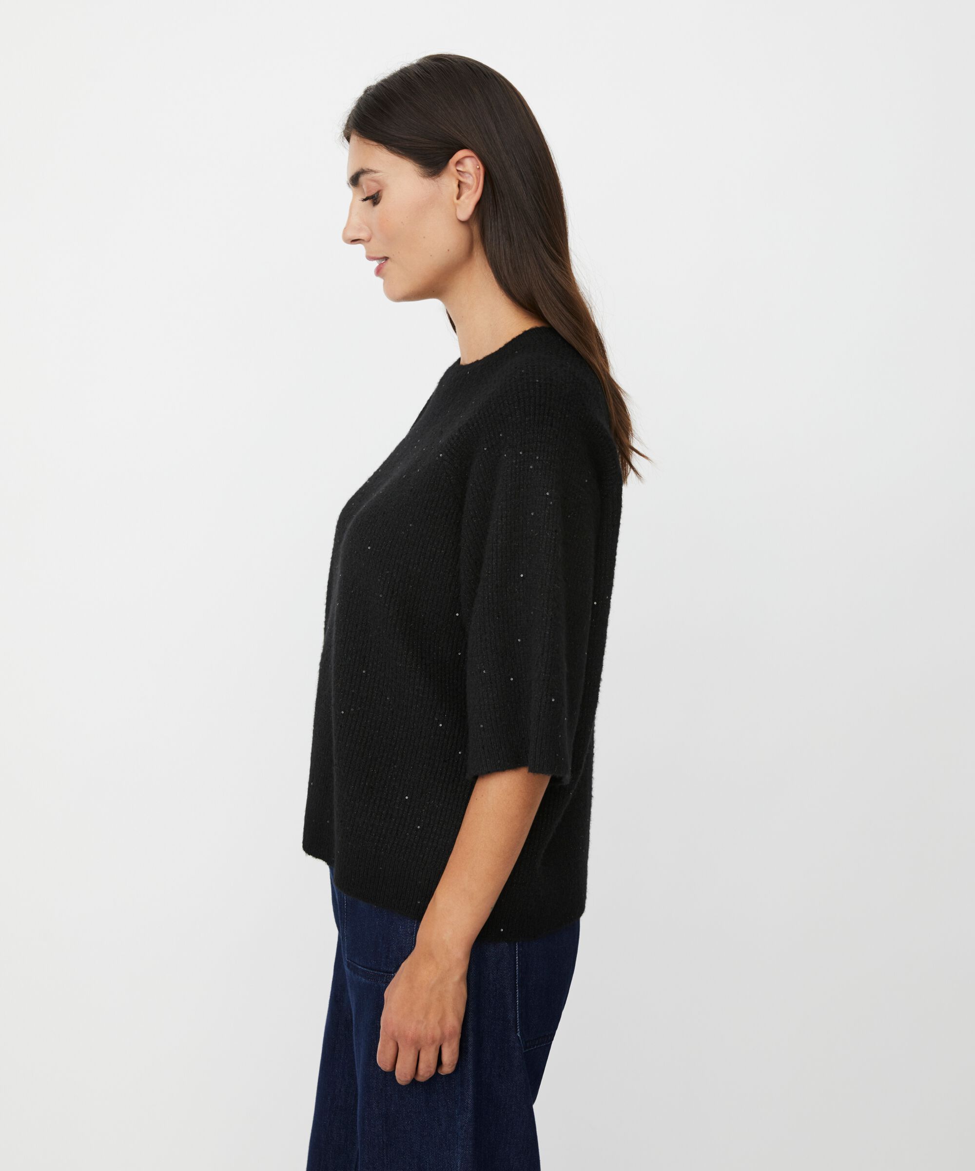 Kurzarmpullover aus Wollmischung mit Pailletten, Black