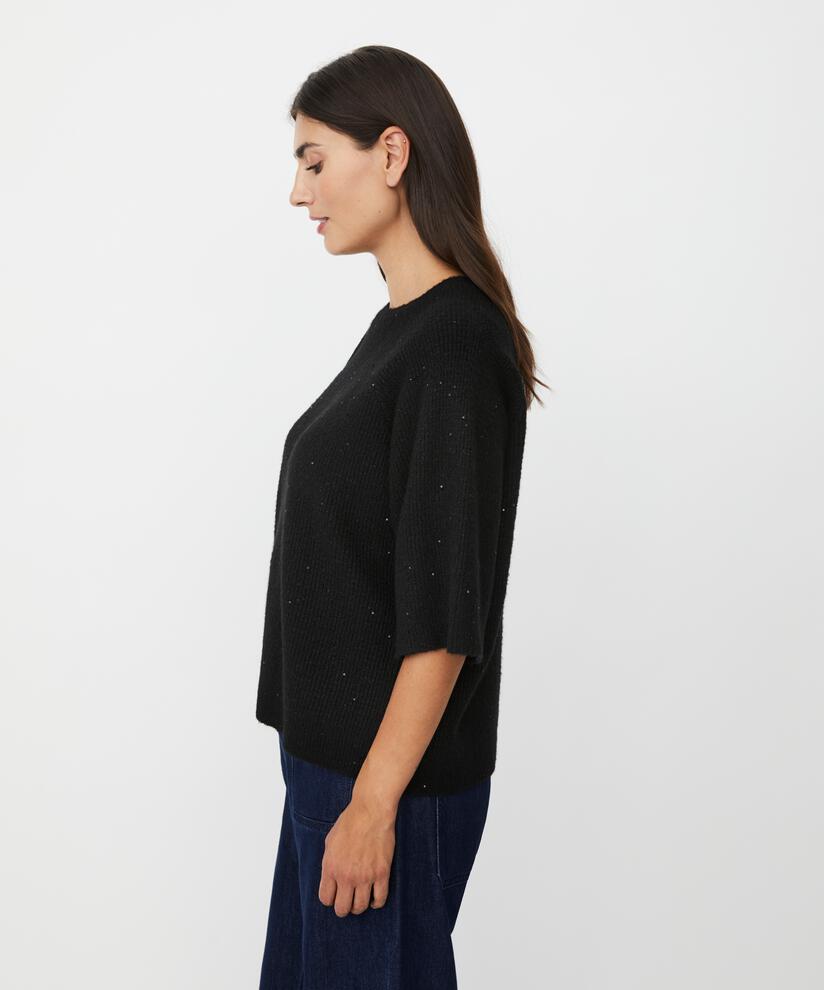 Kurzarmpullover aus Wollmischung mit Pailletten, Black