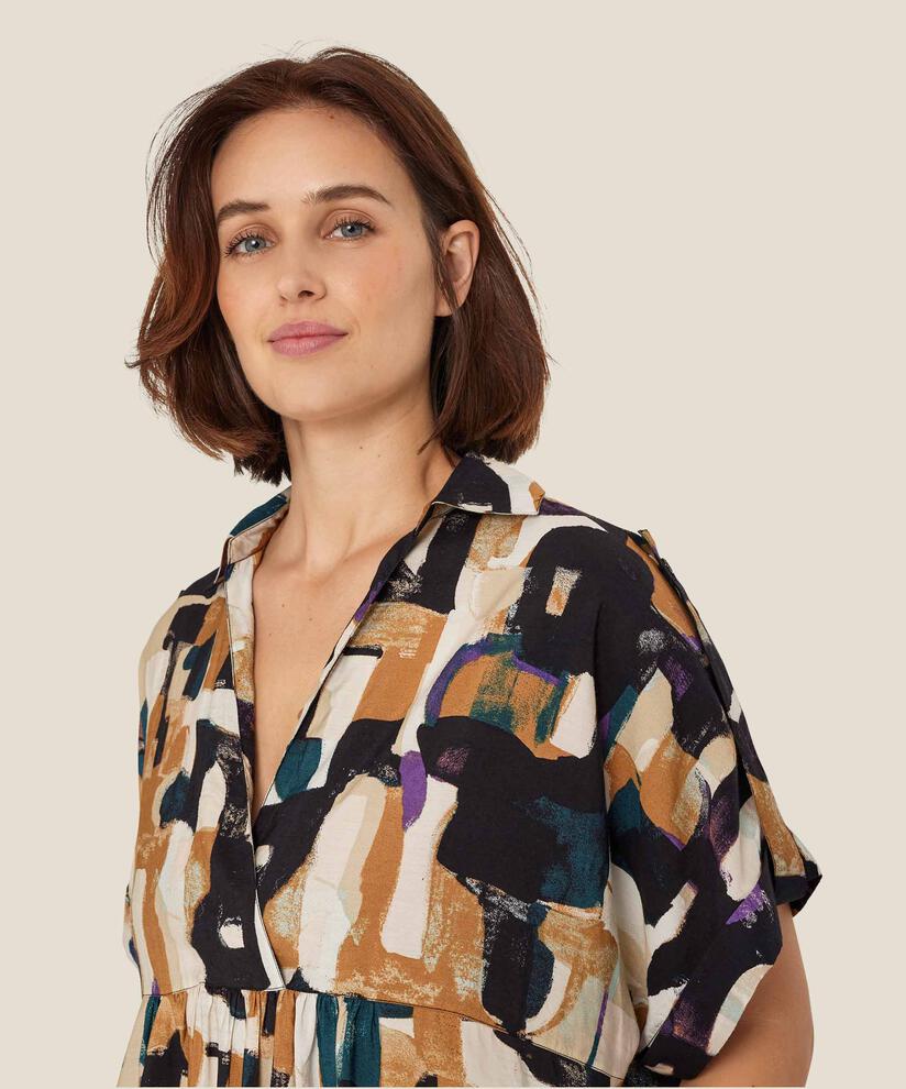 Bedrucktes Viskosekleid mit hohem Seitenschlitz, Dijon
