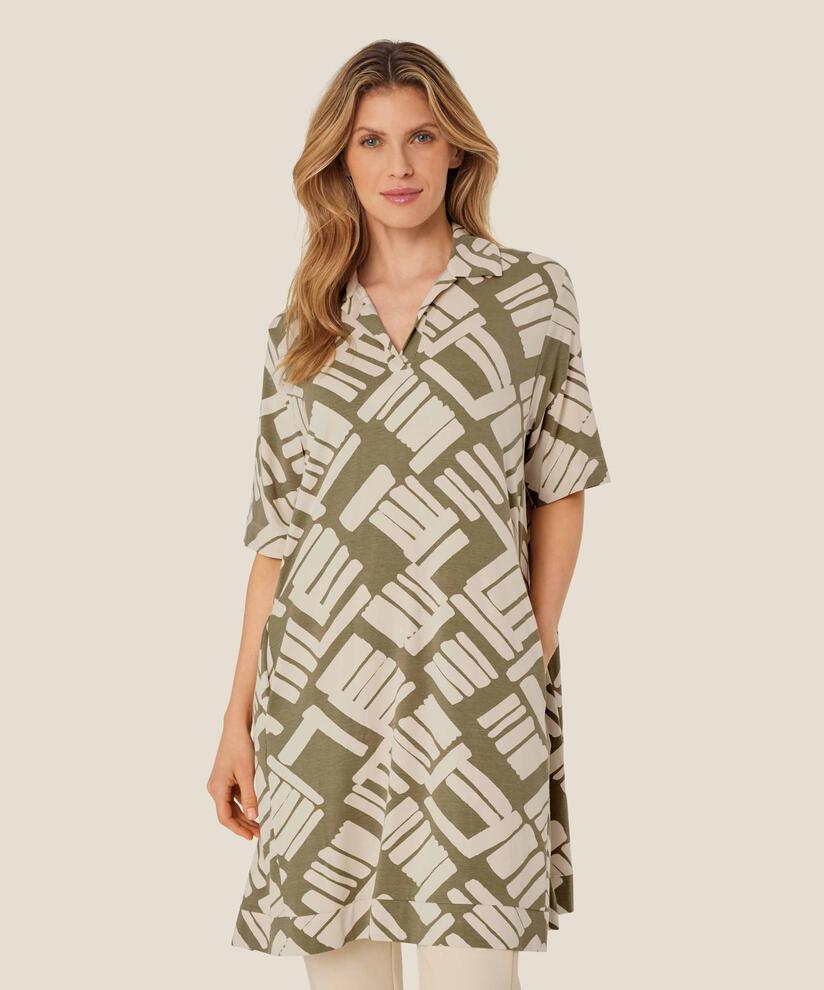 Bedruckte Jersey-Tunika mit V-Ausschnitt, Dusky Green