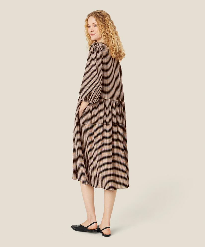 Kariertes Kleid mit weiten Ärmeln und Rundhalsausschnitt, Muted Clay