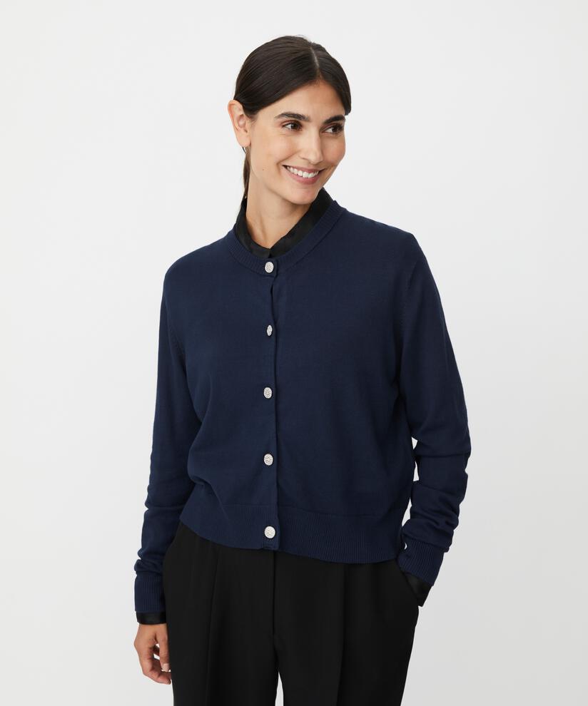 Langarm-Cardigan mit Strassknöpfen, Navy Blazer