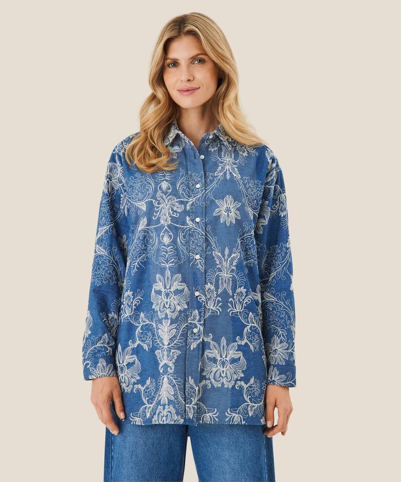 Jeanshemdbluse mit Blumenstickerei, Blue Denim